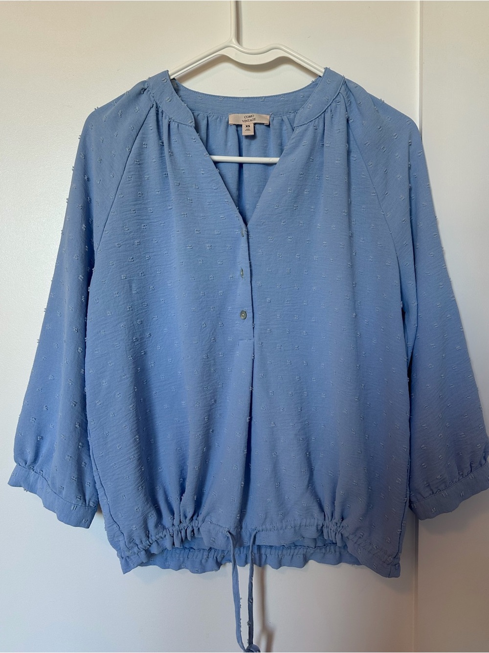 crown & ivy light blue dotted drawstring blouse